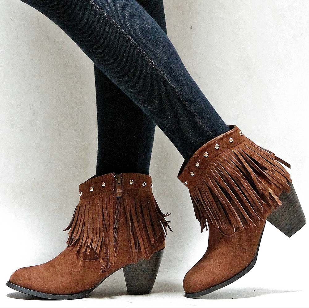 New Brown Fringe Chunky Heel Cowboy Ankle Boots